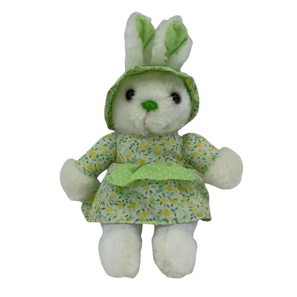 Commonwealth Bunny Rabbit Plush with Polka Dot Ears Floral Dress Green Nose 9" - Picture 1 of 6